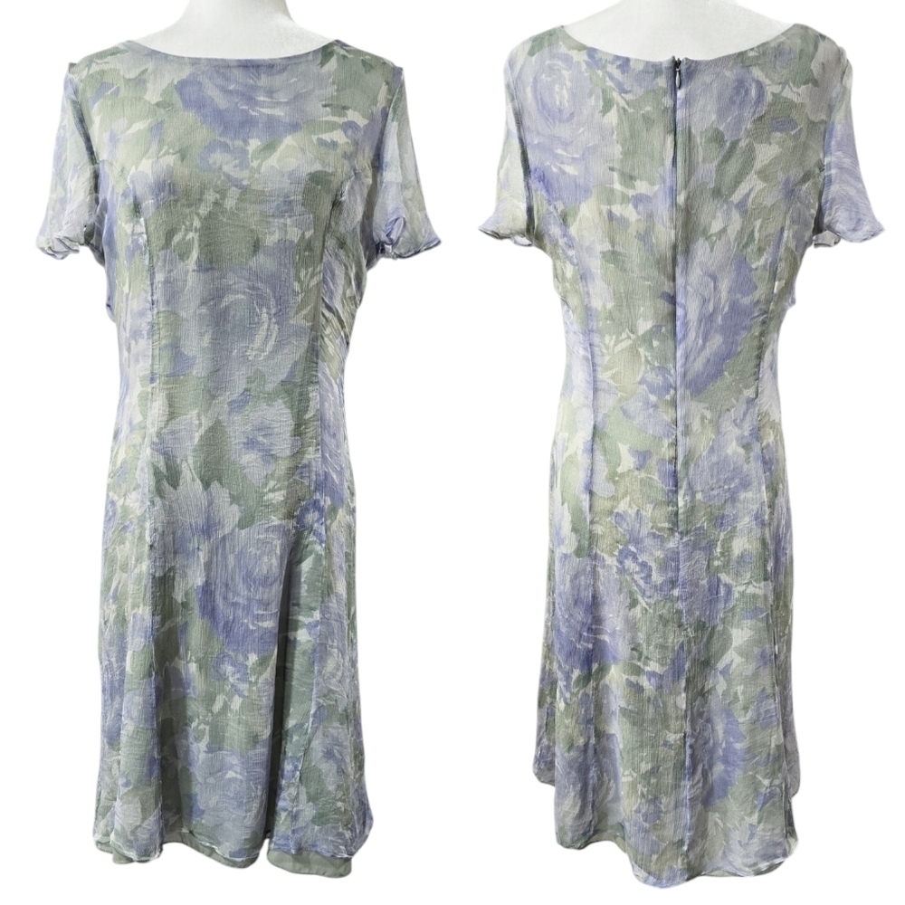 Vintage Coldwater Creek Silk Green Blue Floral Crinkle Effect Midi Dress Fairy